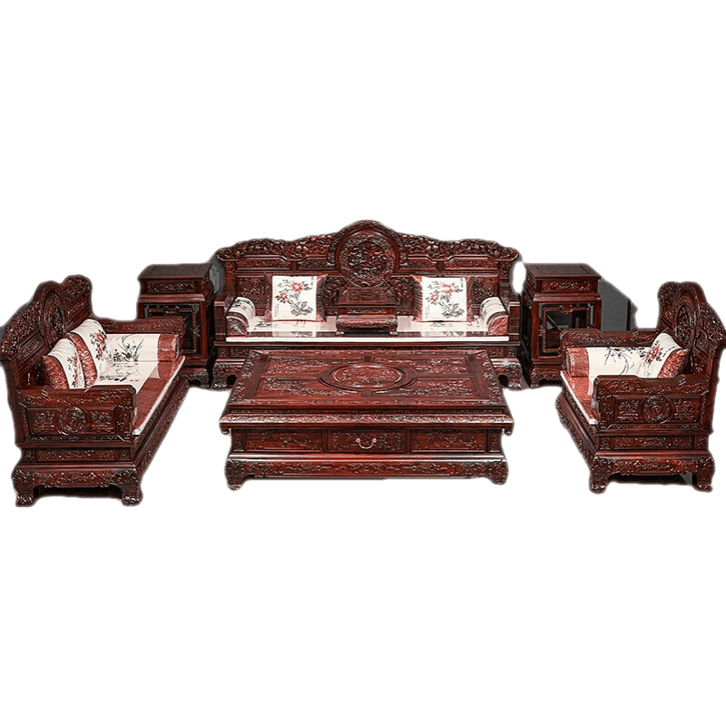 品木客 红木家具 印尼黑酸枝(学名:阔叶黄檀)实木家具国宝面雕沙发 中式明清古典雕花别墅沙发组合套装 沙发113七件套组合 默认1