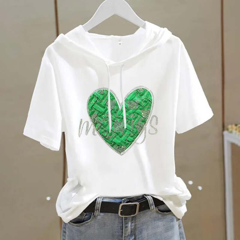 卡怡缘夏天短袖带帽t恤薄款上衣女女重工烫钻宽松连帽体恤夏装新款