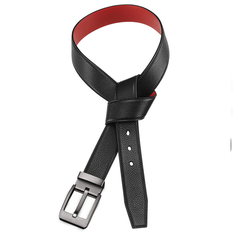 CHALKIN本命年腰带男马年红黑两面真皮针扣皮带双面用头层牛皮爸爸裤腰带 款49打孔带 125cm 体重160-175/裤码37-39