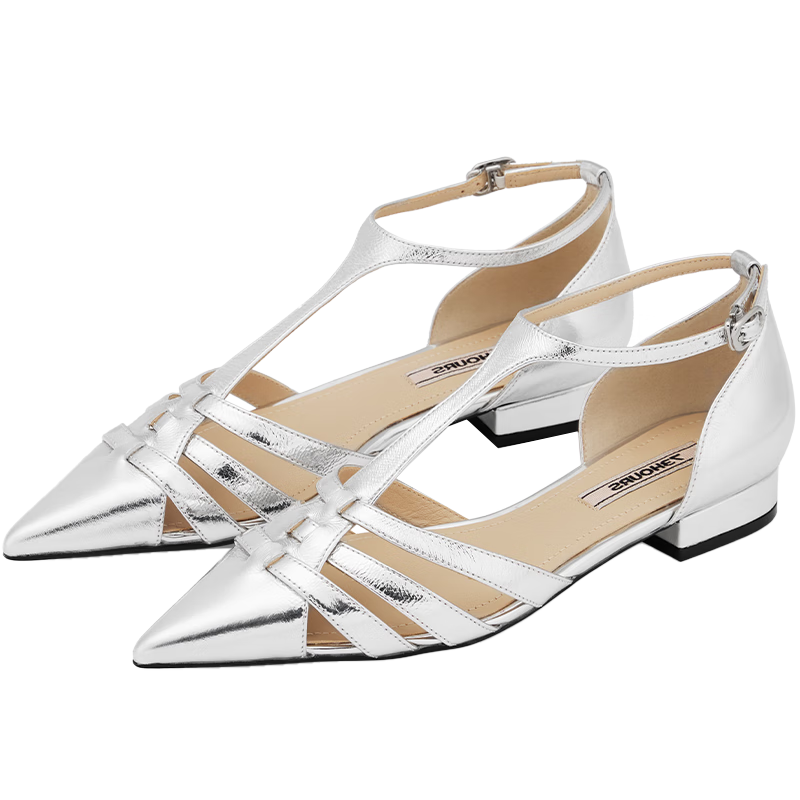 73Hours女鞋轉圈圈春秋季新款包頭平底豬籠鞋時(shí)裝編織羅馬涼鞋 銀色 38