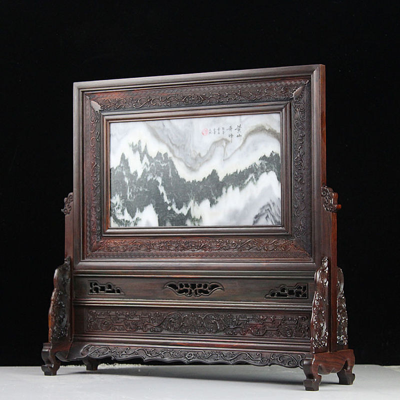 宏火阁礼品红木屏风插屏中堂摆件桌屏红酸枝大理石台屏木雕客厅仿古