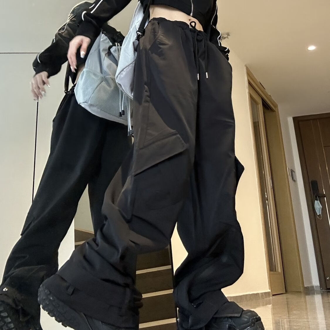 衣搭配的裤子美式vibe灰色机能工装冲锋裤女户外水直 黑色(高质量) m
