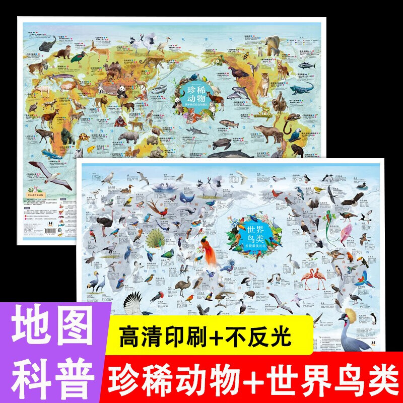 中国地形图挂图 大2023年新版和世界地图大图墙面装饰儿童地理地图墙贴小学生专用初中大尺寸地图 世界鸟类+珍稀动物(全2册)