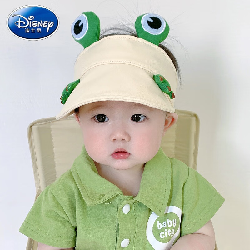 迪士尼（Disney）夏季婴儿帽子空顶帽宝宝遮阳帽大檐透气防晒帽儿童太阳凉帽可折叠 米色 空顶青蛙 参考1-3岁【48-52CM】 x 可以调