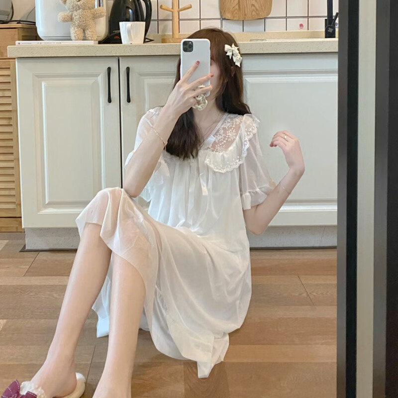 夏天特大码公主风连体睡衣女款可爱睡裙宽松显瘦宫廷甜美家居服 白色