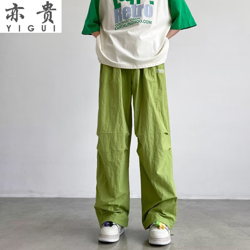 亦贵日系工装裤子男夏季排扣卷边直筒九分裤宽松垂感休闲裤 军绿色 m