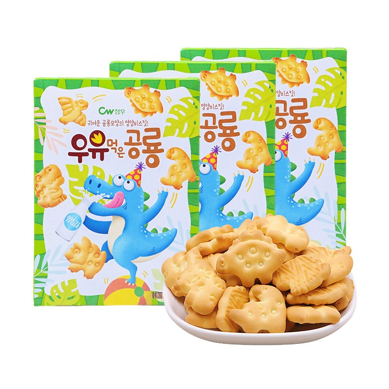 韩国进口青佑牌恐龙形饼干牛奶味\/巧克力味\/奶酪味可爱动物造型分享饼干休闲零食 牛奶味60g*3盒