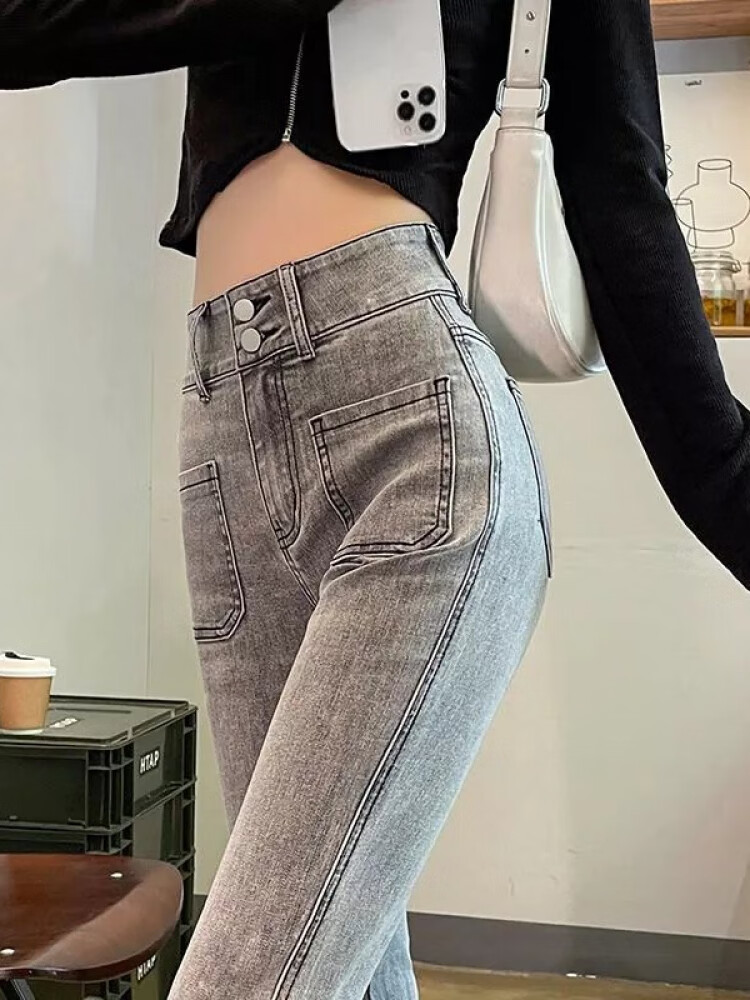 汇诗尚显瘦气质 特大码300斤胖mm松紧高腰喇叭牛仔裤女款修身显瘦微喇长 烟灰色 4XL 建议180-210斤