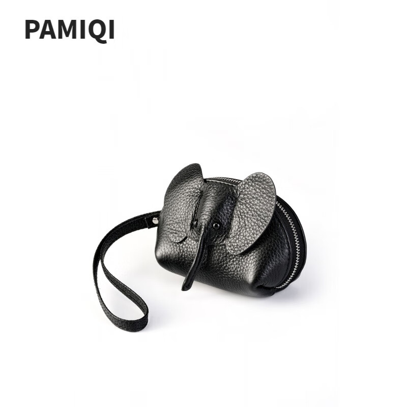 帕米琪（PAMIQI）头层牛皮小象零钱包女钥匙包卡包真皮拉链手挽包口红收纳包ins潮 黑色