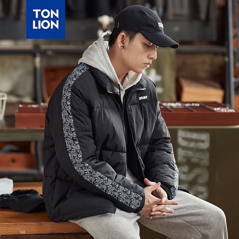 唐狮冬季新款男立领棉衣加厚保暖外套腰果花拼块时髦英伦风棉服面包服 黑色 XL