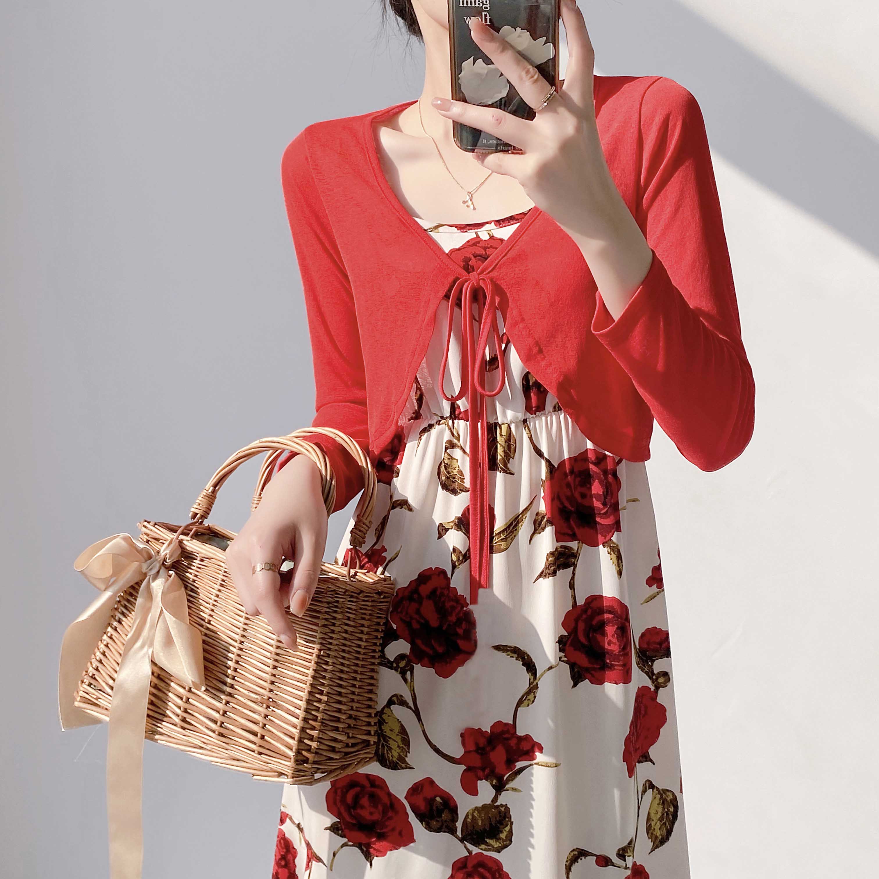 披肩外搭女开衫外套女针织短款外搭夏配吊带裙的小披肩新款 红色披肩