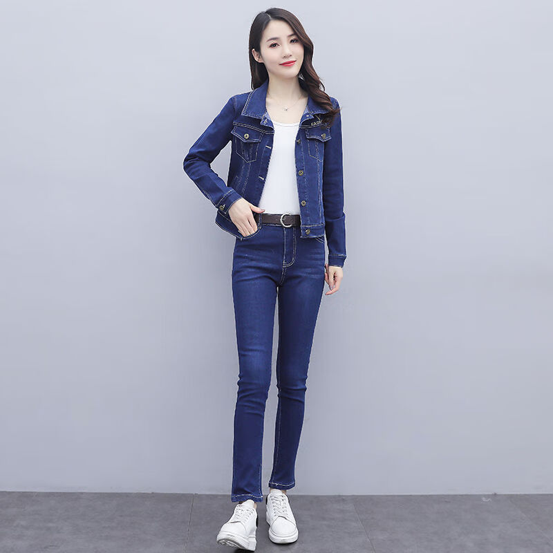 jianmi 茧蜜套装时尚洋气女装2024新款小个子春弹力牛仔外套女牛仔女