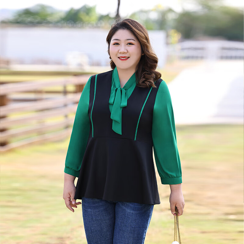 坊戚春秋胖女人雪纺衫女大码200斤胖妹妹收腰显瘦长袖胖子特大号上衣