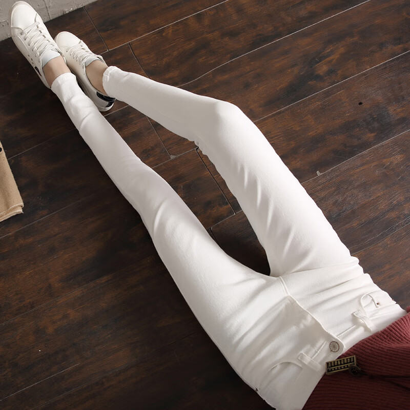 绒加厚带绒小裤脚高腰弹力紧身季显瘦小脚裤子 白色长裤-不加绒/单扣