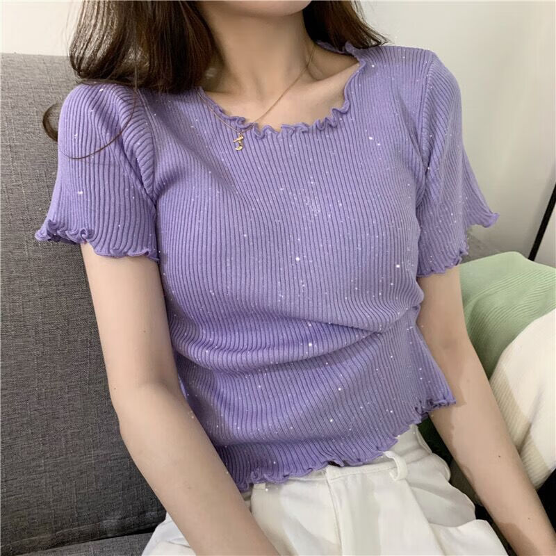新款木耳边短袖针织衫灰色冰丝t恤女修身短款上衣高腰 短款亮晶晶紫色