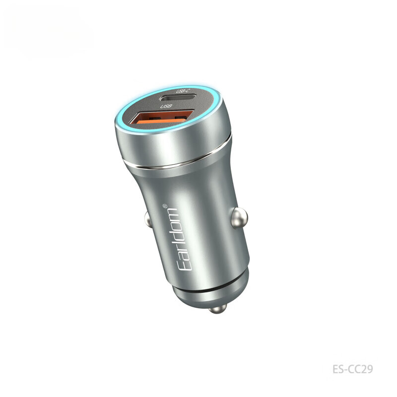 多兼容快充车载手机充电器迷你铝合金双口快充 灰色 CC29