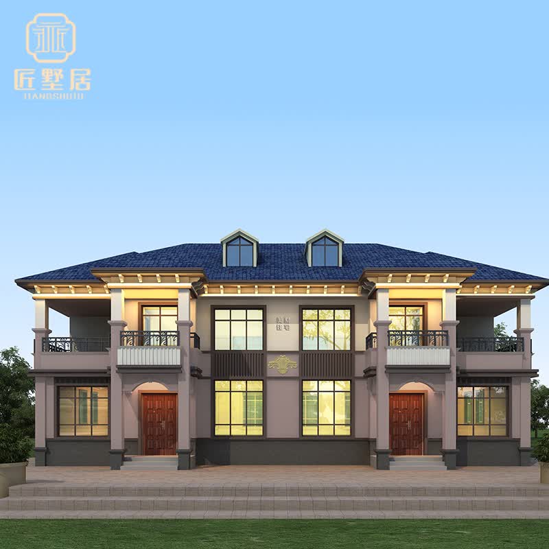 设计别墅图纸新农村二层新中式兄弟双拼高大上自建房大气效果施工