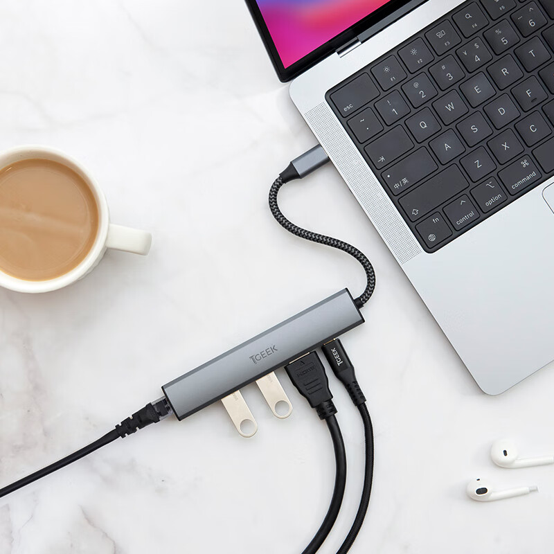 TGEEK Type-C扩展坞转HDMI转接头千兆网口USB3.0投屏4K适用Macbook苹果电脑IPadPro笔记本电脑5合1办公 银色