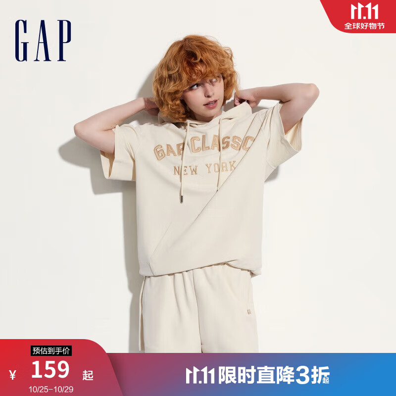 Gap女装2024夏季新款贴布绣logo短袖卫衣宽松运动连帽衫520594 米色 160/80A (S)亚洲尺码