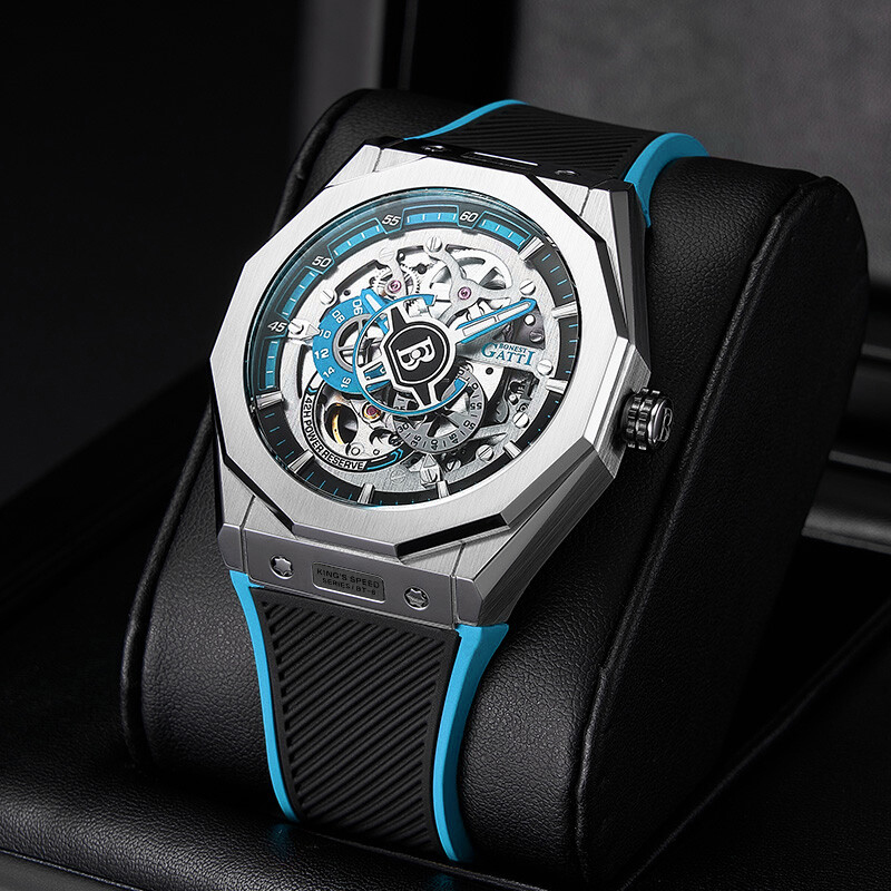 布加迪（BONEST GATTI）德国手表王者时速男士机械表全自动镂空霸气腕表情人节礼物送男友 7601-B6 暗夜黑 皮带款