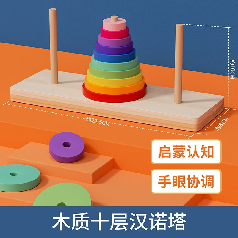 汉诺塔6层8层10层六层八层十层彩虹叠叠乐儿童积木小学生玩具 十层汉诺塔【普通款】柱子螺纹组