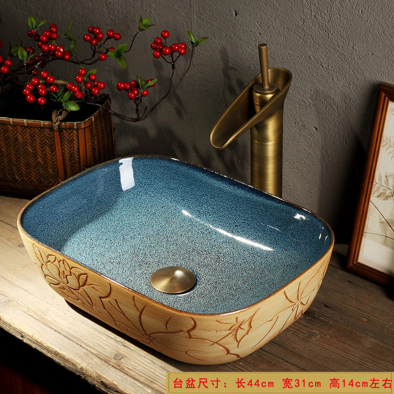 嗣音复古陶瓷台上盆椭圆形台盆洗脸盆家用艺术面盆洗手盆小号30cm尺寸