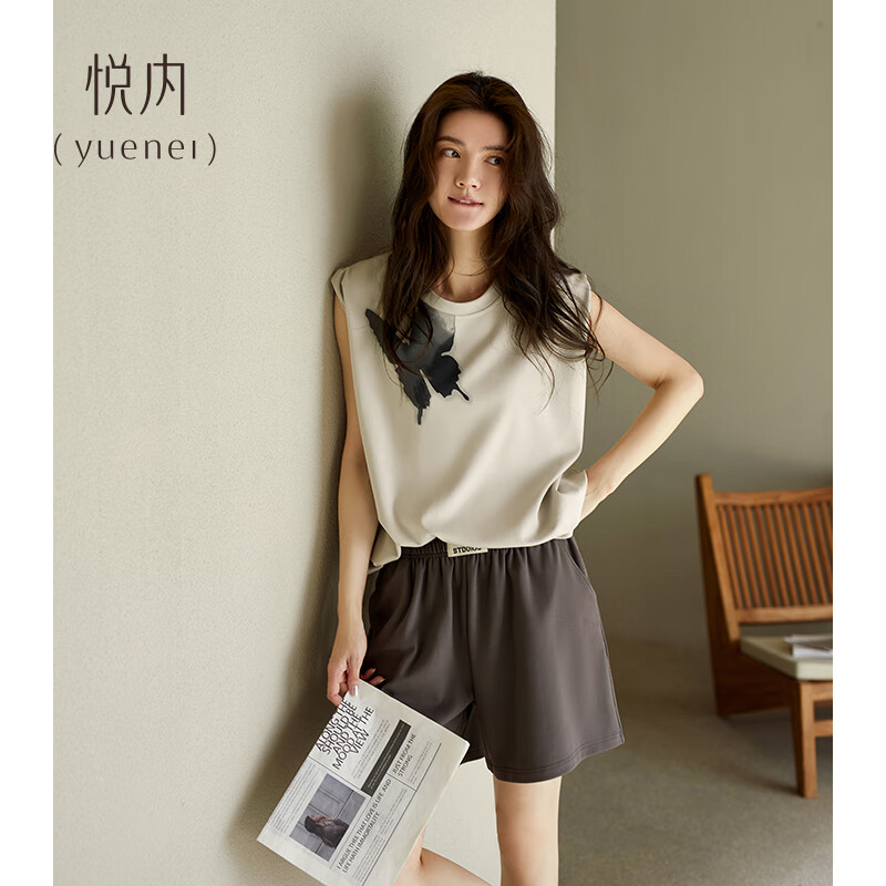 悦内带胸垫一体睡衣女款夏季无袖背心短裤纯棉家居服夏款夏天薄款套装 B23255米灰【带胸垫】 L (165) 【体重110-120斤】