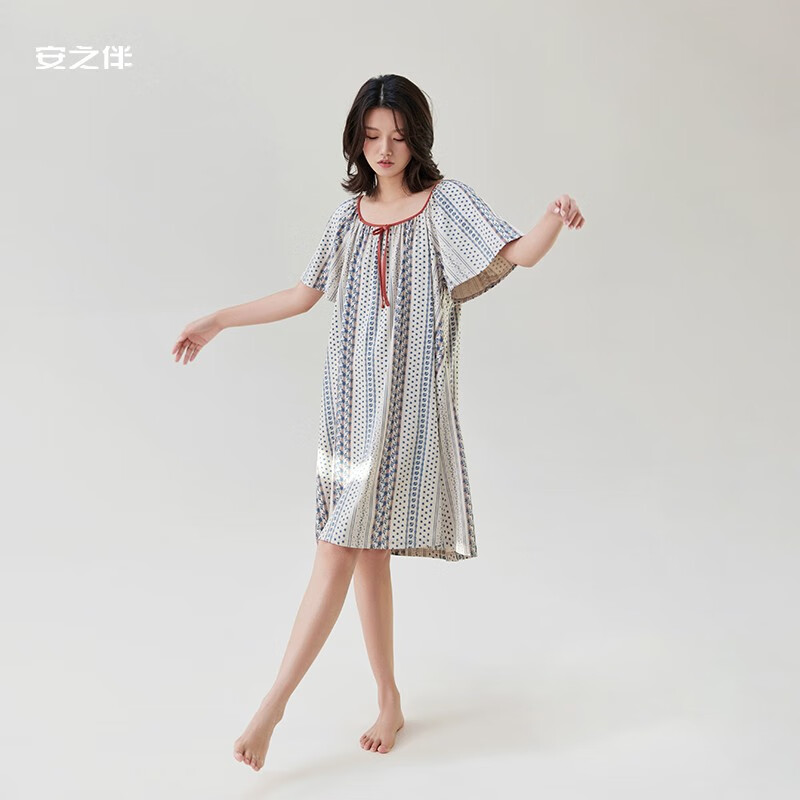 安之伴【新舒适内衣】睡裙女夏宽松蝙蝠袖凉感甜美显瘦薄款柔软透气长裙 浅灰-女 XL