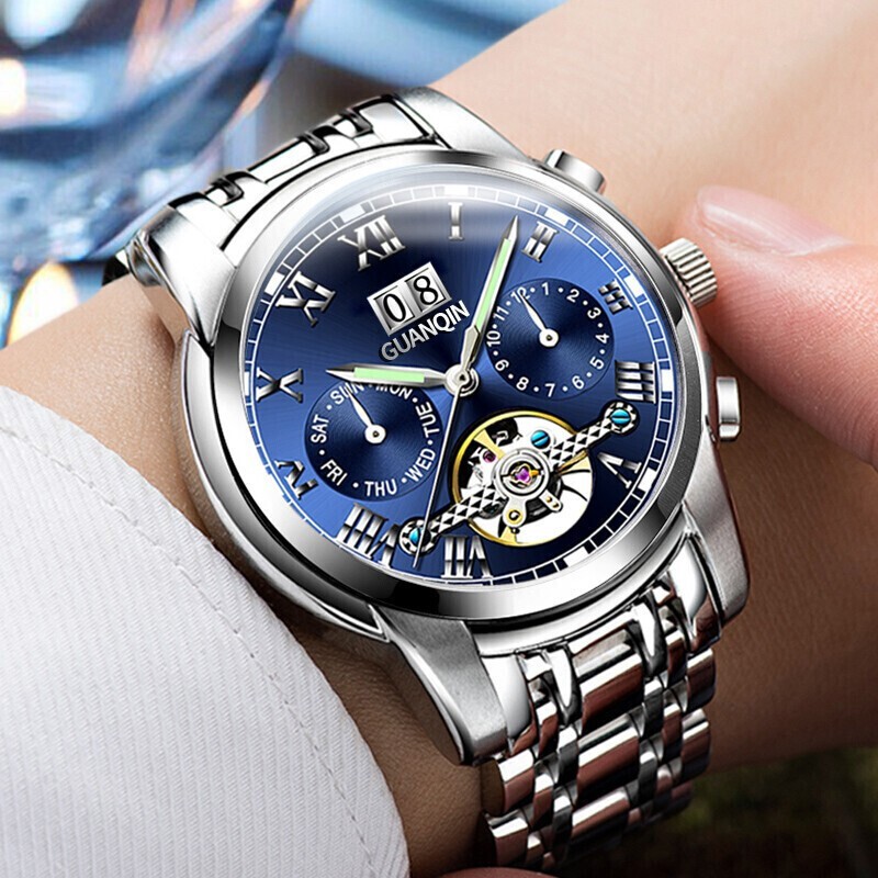 冠琴（GUANQIN）高端手表男全自动机械镂空飞轮精钢简约运动瑞士风格防水时尚腕表 【免费刻字+终身质保】钢带蓝面