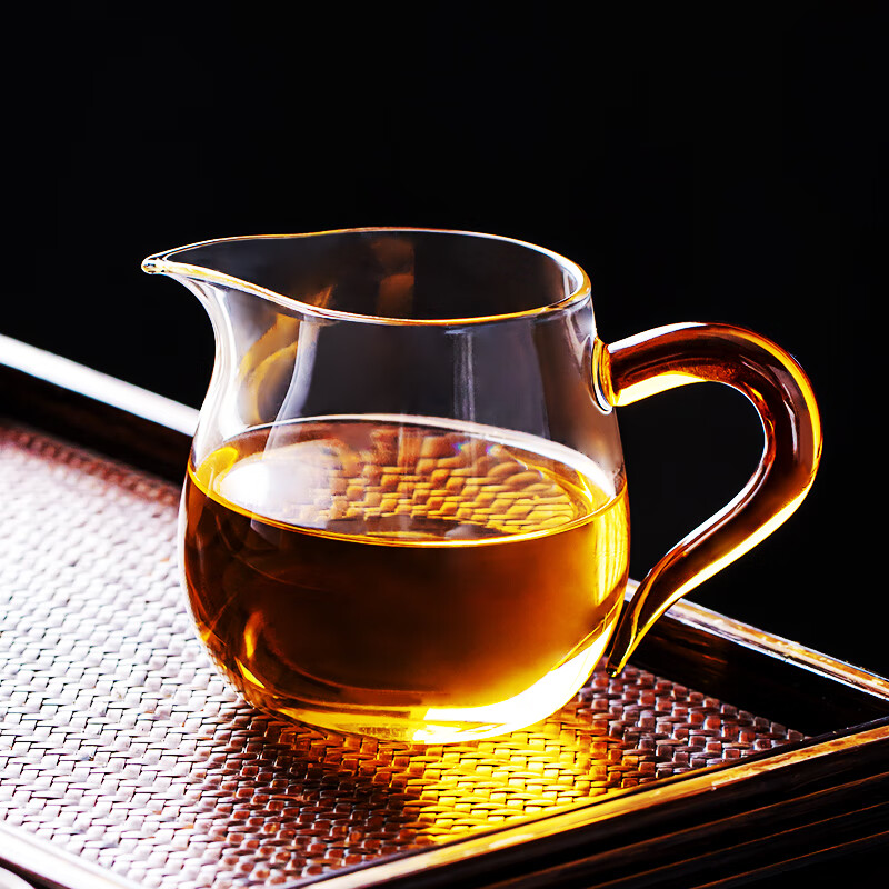 流影日式玻璃公道杯耐热家用茶海分茶器透明公杯加厚高档功夫茶具茶盅 企鹅公道杯-绿把450ml+分体式茶漏套组