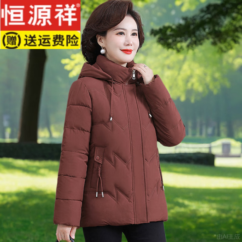 恒源祥24中老年媽媽裝大碼短款棉衣羽絨棉服棉襖媽媽加厚冬裝外套上衣女 商場專柜(鐵銹紅) 2XL 106-120斤