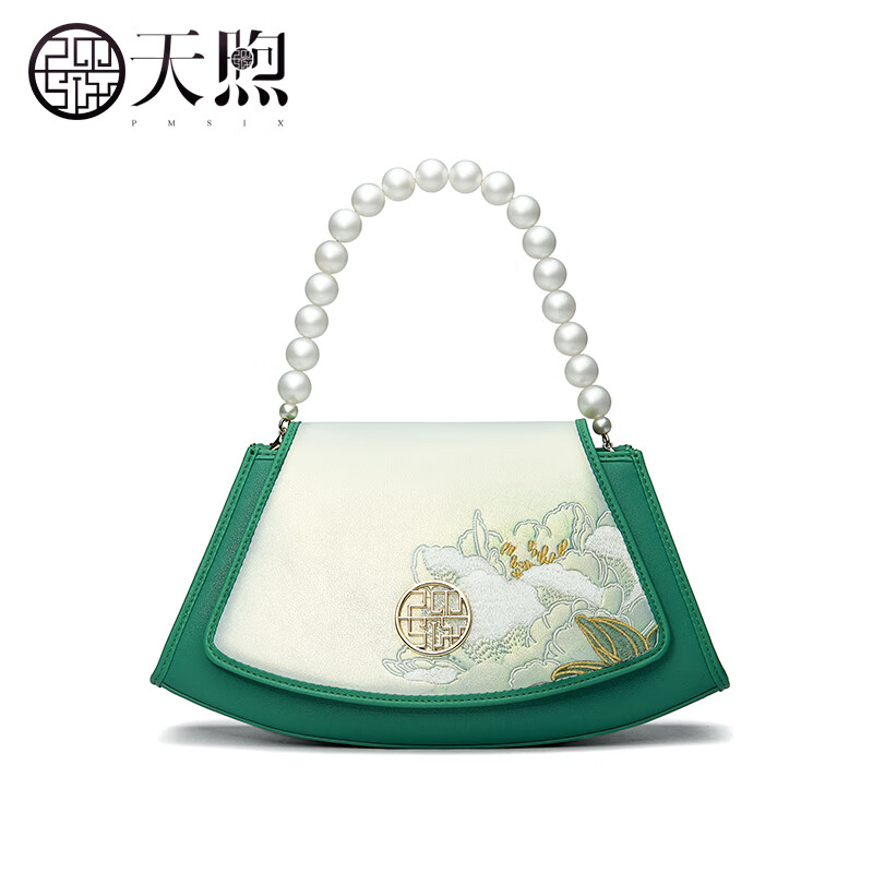 PmSix复古中国风绣花女包生日礼物送妈妈纯牛皮女包中年女士单肩斜挎包 翠绿色-送礼盒包装