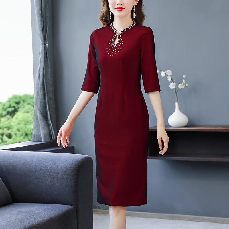 勤度婚礼妈妈装高档礼服50-60岁喜婆婆婚宴装平时可穿小个子改良红色
