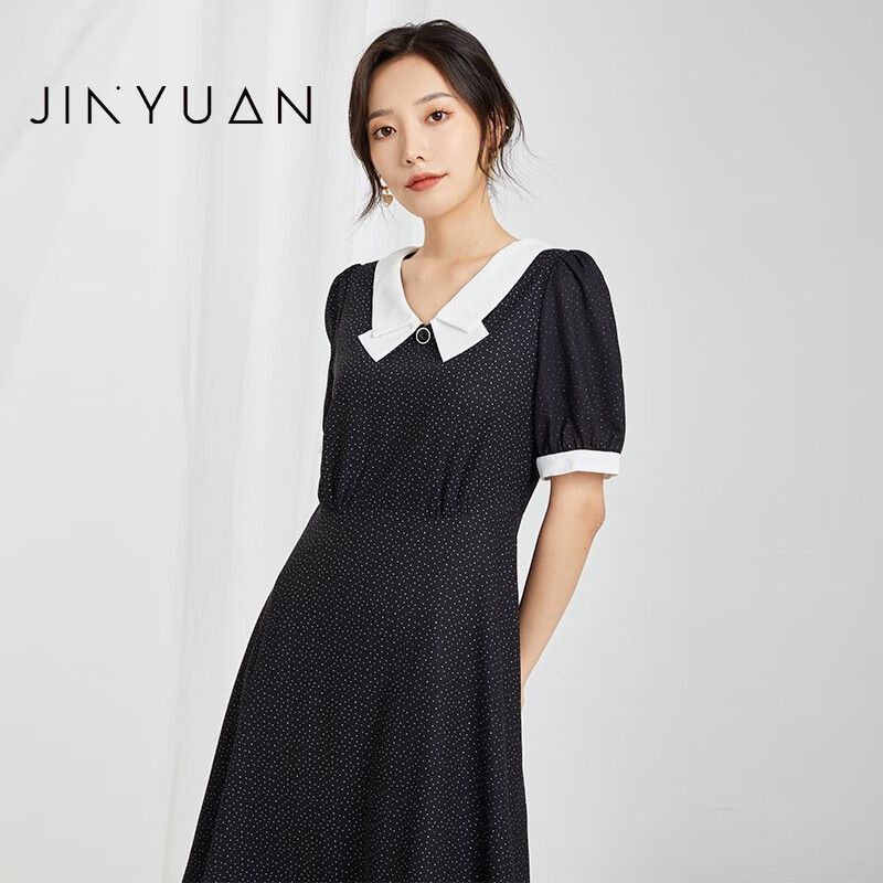 金苑连衣裙女夏季2022新款翻领小个子收腰显瘦撞色小黑裙g222102 黑色