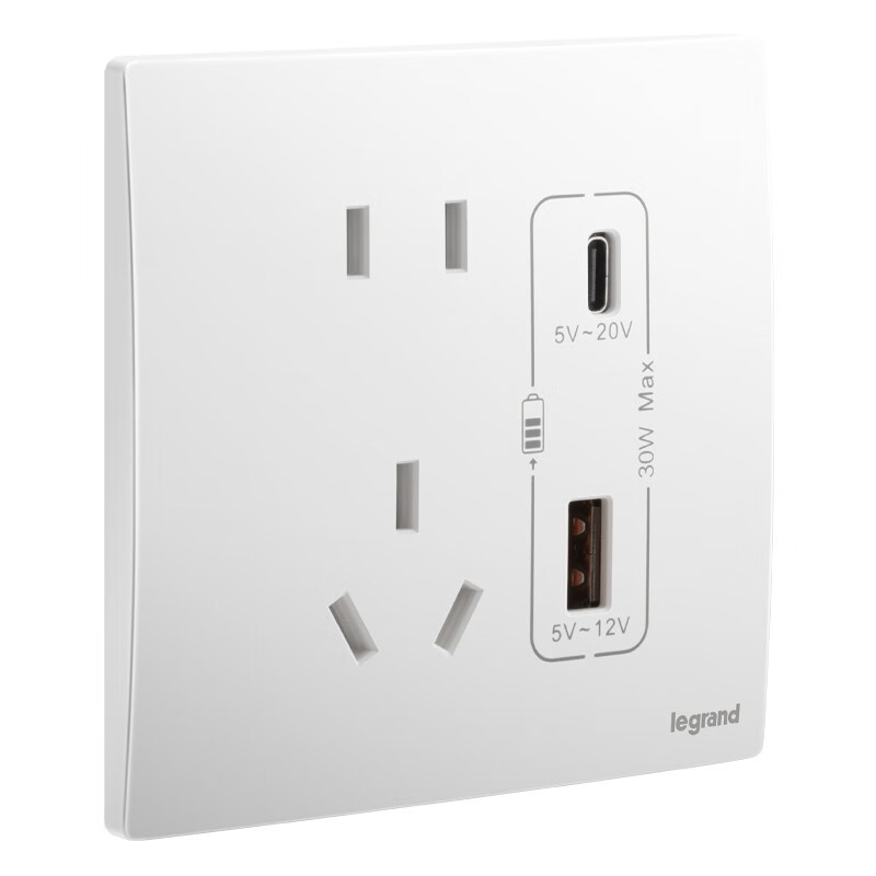 罗格朗开关插座面板未莱陶瓷白家用86型暗装五孔USB多孔墙壁5孔电源开关 五孔USB A+C 30W充电插座