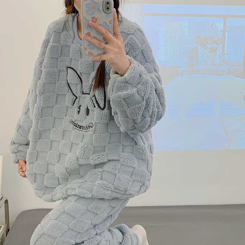 猫人少女感睡衣秋冬加绒加厚中华绒套头款可外穿家居服套装 QRQM-7818 M