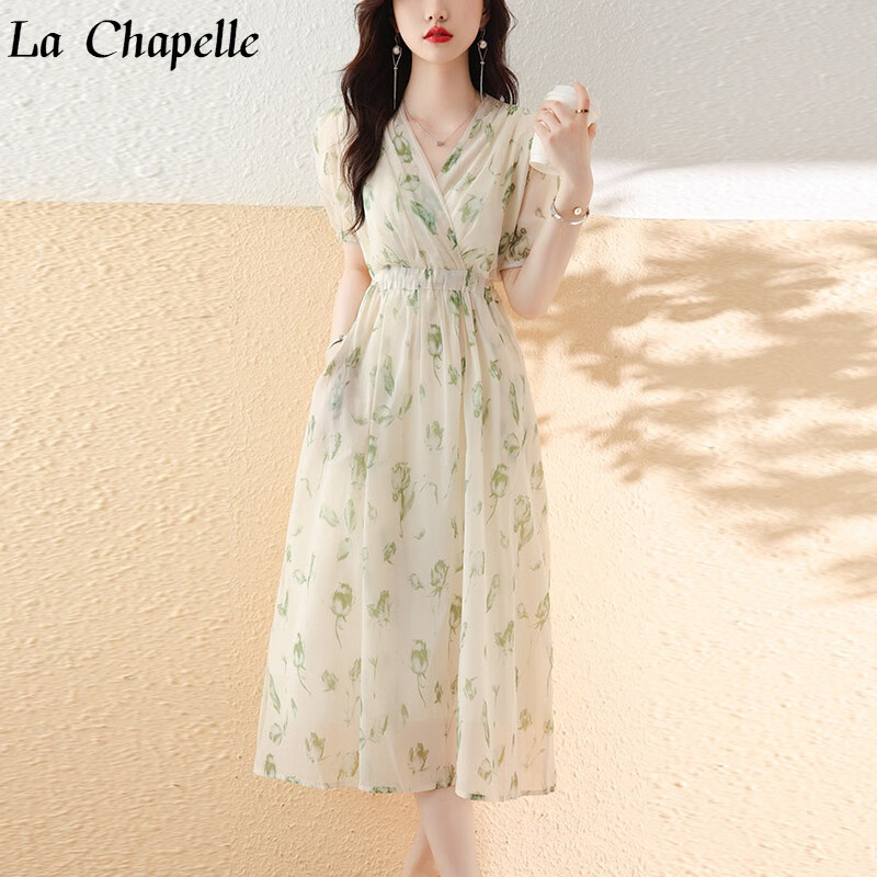 拉夏贝尔（La Chapelle）女装雪纺v领连衣裙 2023夏季新款小个子茶歇法式桔梗碎花收腰裙子 浅绿色 M