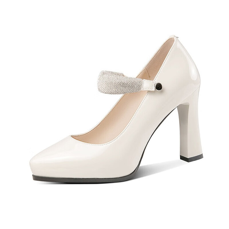 高跟鞋女真牛皮新款漆皮一字扣欧美单鞋尖头玛丽珍女鞋超高跟 白色 34