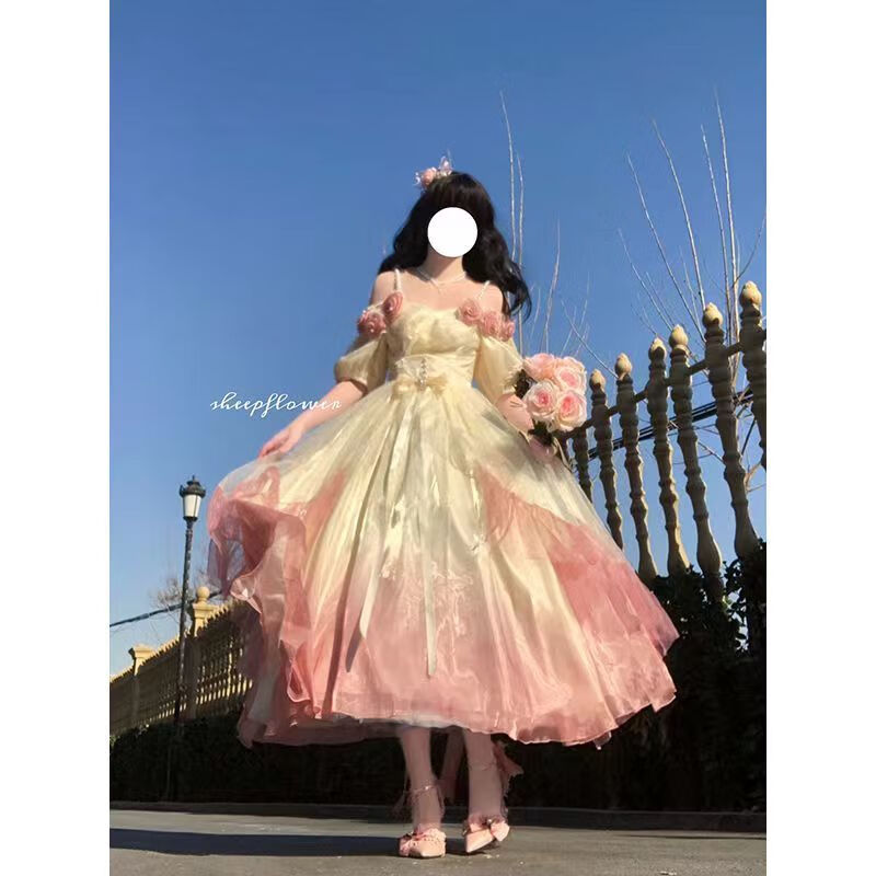 语贝集洛丽塔裙子成人长裙人鱼姬渐变粉在逃公主仙女 渐粉色 渐粉色长
