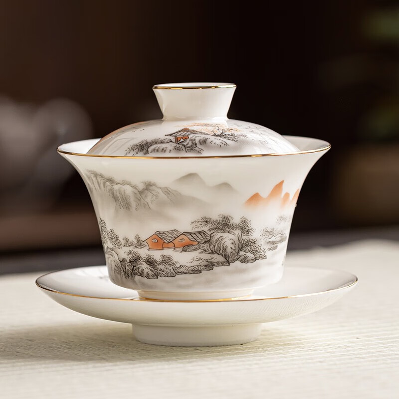 金镶玉 羊脂玉瓷功夫茶具套装 家用陶瓷白瓷茶壶茶杯泡茶套组礼盒装 西施壶水墨江山羊脂玉瓷套装