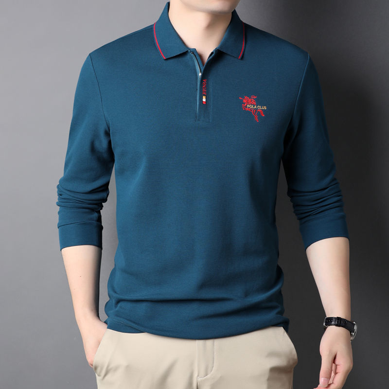 保罗贵族polo衫长袖纯棉双层加厚款男士长袖高档刺绣拉链polo衫宽松