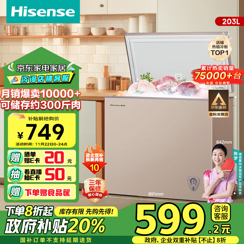 海信（Hisense）203升减霜冰柜家用商用小型冷柜 冷藏冷冻转换囤货母婴 一级能效卧式冰箱BD/BC-203NUD以旧换新