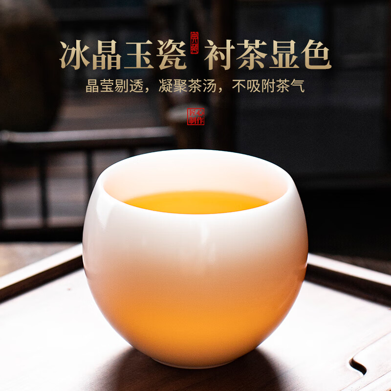 钰铨龙门冰种润白龙蛋主人杯 高档德化冰种玉瓷手工厚重压手主人杯不倒杯 冰种素烧润白龙蛋不倒杯130ml1只