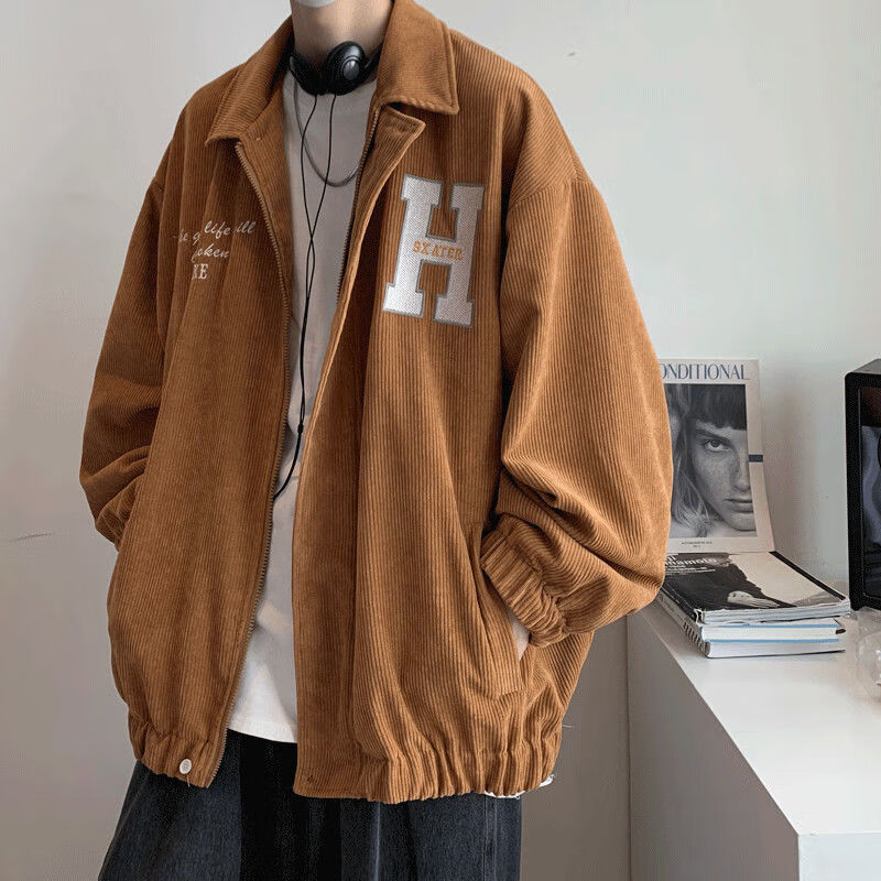 外套男春秋冬季潮流宽松学生ins灯芯绒夹克港风百搭潮牌加绒上衣 棕色