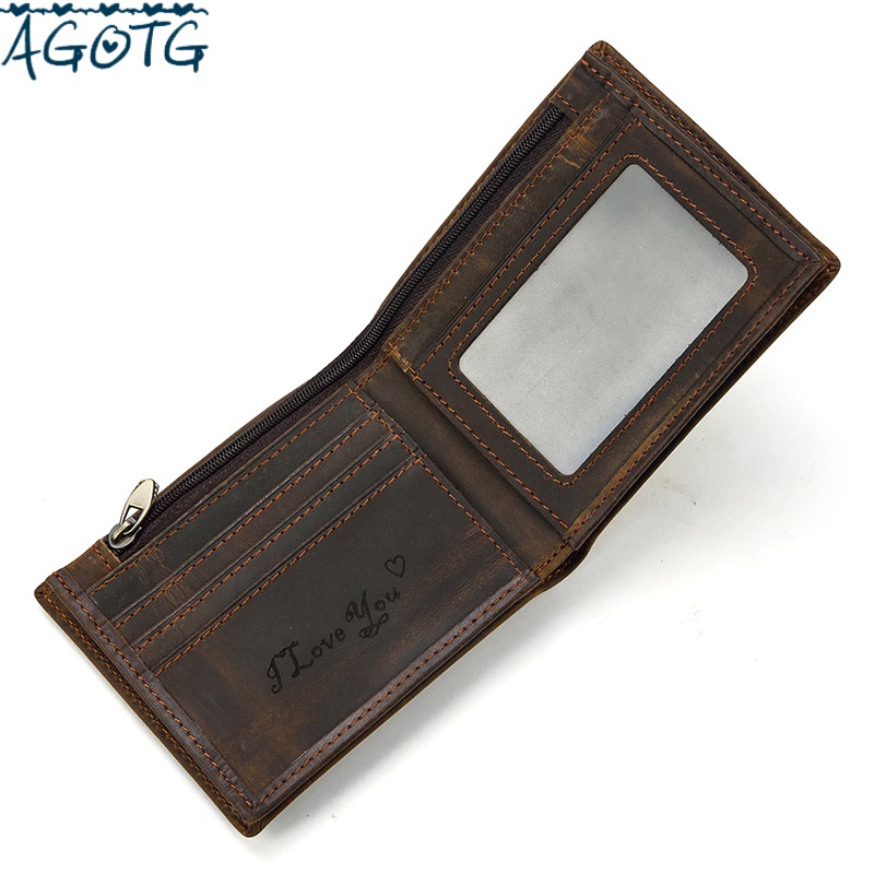 agotg品牌新款男士钱包真皮激光刻字钱包疯马皮短款钱包头层牛皮零