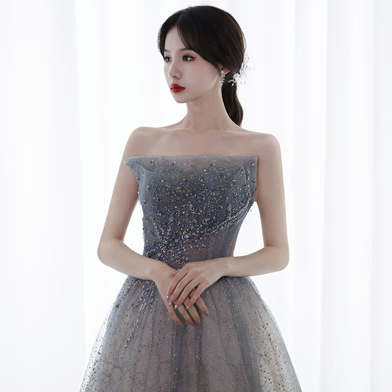 楚月黎 音乐会钢琴礼服女星空晚礼服裙女艺考钢琴演出主持人抹胸礼服