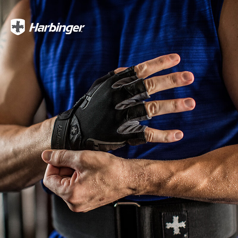 Harbinger哈彬者健身手套男运动骑行举重器械训练单杠引体向上防滑耐磨真皮 易干真皮/缓冲加垫/黑灰色/男款 M(掌围19-20.3cm)