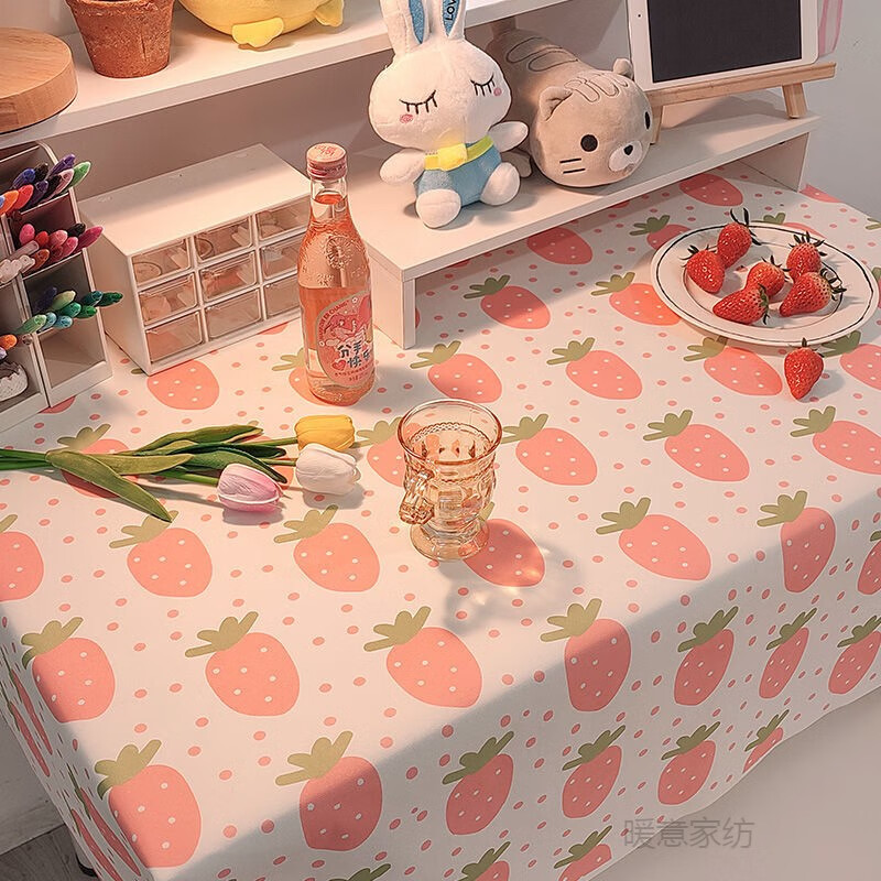 网红ins风格子碎花桌布绒布少女学生书桌布垫拍照背景布餐桌茶几 鲜甜草莓 60*90cm
