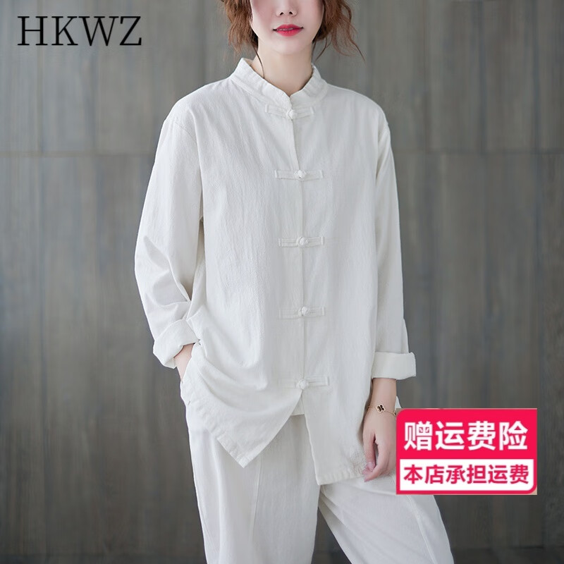 夏天居士服中國風(fēng)女式春夏中式棉麻復(fù)古盤扣居土服禪意寬松佛系立領(lǐng)唐裝茶人服上衣服女禪修服女裝拜佛打座服 白色 上衣 2XL（建議125-135斤）