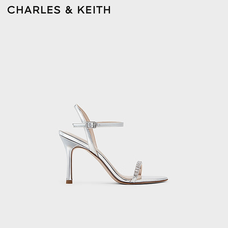 CHARLES&KEITH24春季新品亮钻一字带露趾高跟凉鞋女CK1-60920361 Silver银色 37
